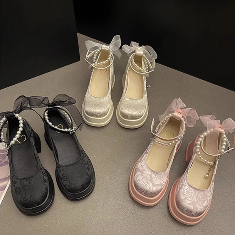 Frühling Damen Dicke Platform Mary Janes 2025 - Lolita Schuhe Sommer - Schleife Kette Party Pumps Oxford Schuhe