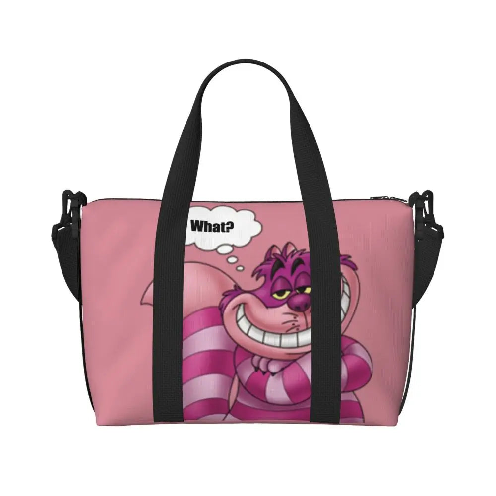 Custom Cheshire Cat Beach Tote Bag for Women We're All Mad Here Cat Big Compartment Gym Beach Travel Bags