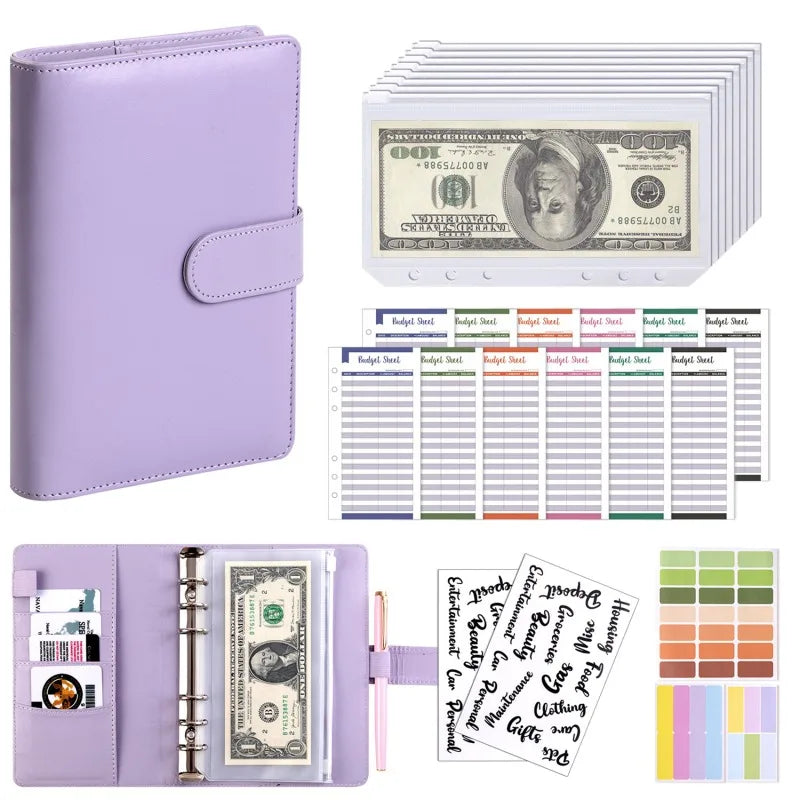 PU Leather Notebook Binder Budget Saving Money Planner Money Organizer for Cash Savings Zipper Envelope Pockets Stickers