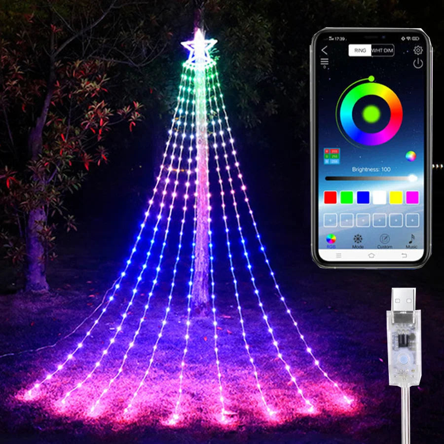 PAMNNY Smart App Control Wasserfall Lichterkette - USB-betrieben, Über 200 LEDs