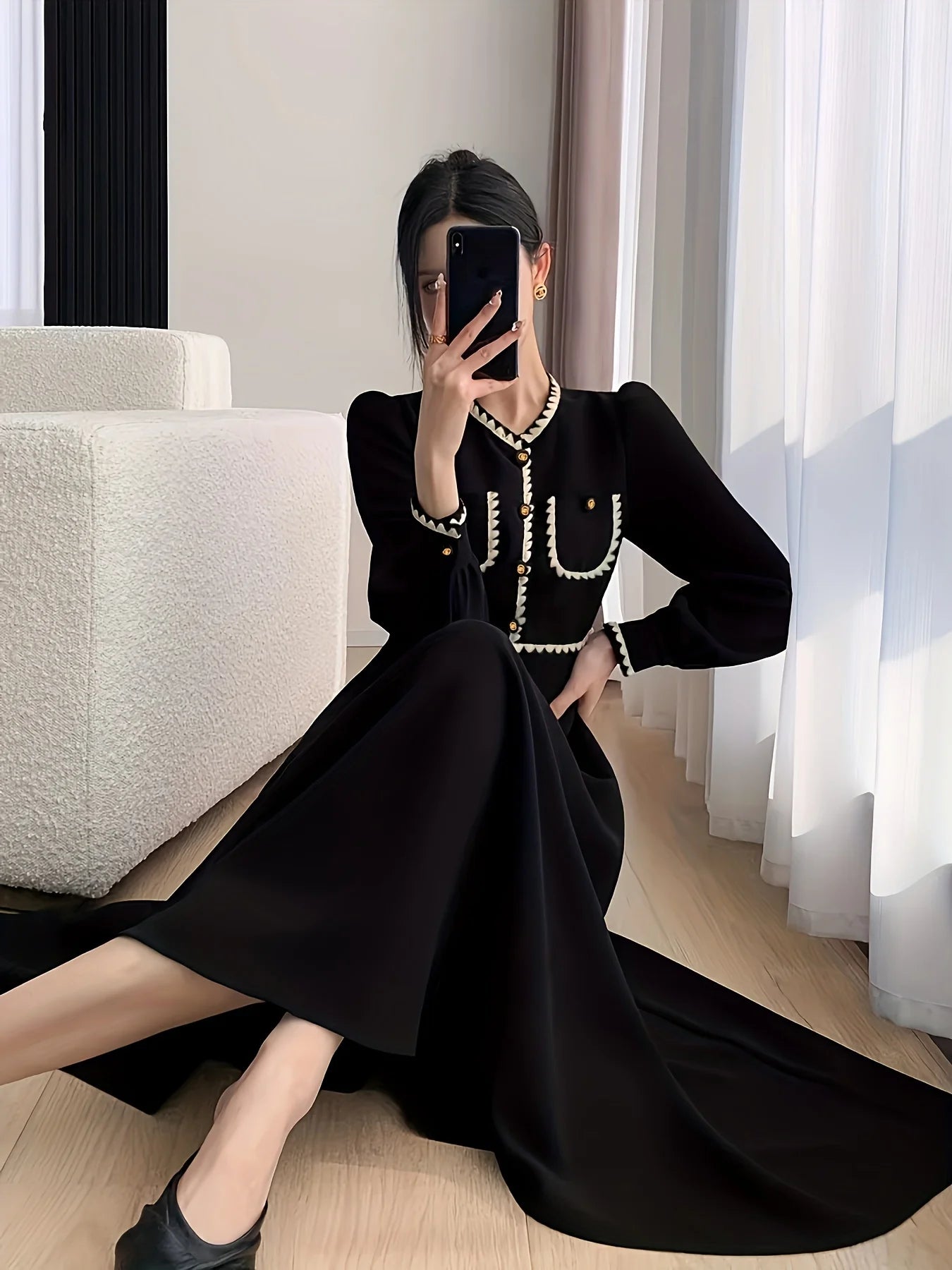 [Elegant V Neck Dress] Elegant V Neck A-line Contrast Trim Cuff Sleeve Button Dress - Women's Clothing for Spring & Fall