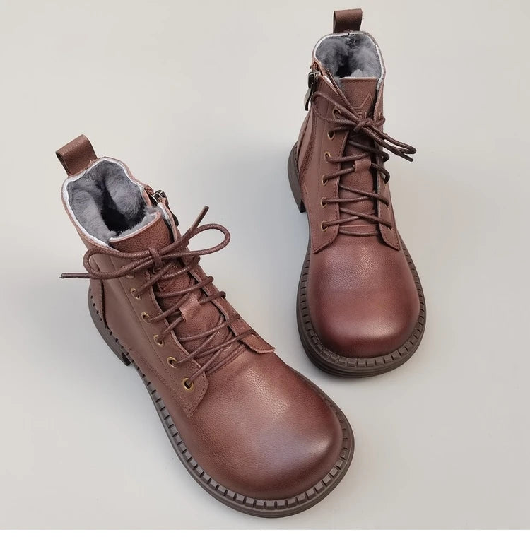 Ghete la gleznă Careaymade, piele naturală, variantă lată - mărime mare, înălțime toc 3-5 cm, căptușeală din lână