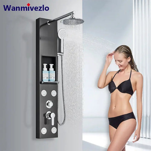Dusche Panel Regen Dusche Wasserhahn Set SPA Massage Jet Bad Dusche Säule Doppel Griff Mischbatterie Turm Mit Lagerung Rack