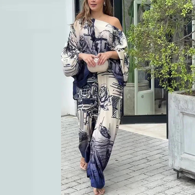 Elegant Women Two Piece outfit Ladies Temperament Button Long Sleeve Shirt&Wide Leg Pants Suit Fashion Pattern Print Office Set