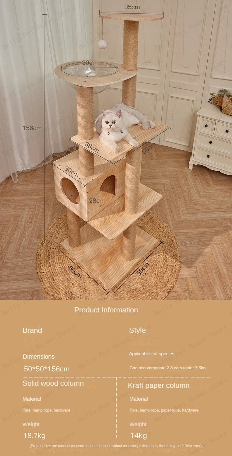 Massivholz Säule Multi-schicht Katzen Klettergerüst, Multifunktional Haustier Große Katzen Villa Mehrstöckig Katzen Baumhaus Klettern Spielzeug