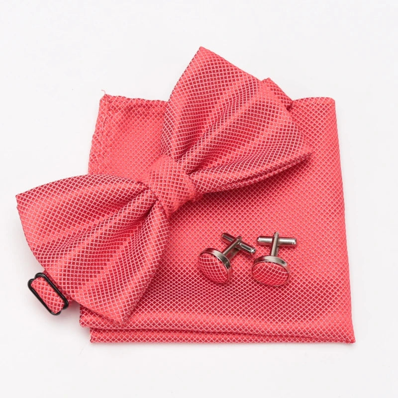 Men Bowtie Set 3pcs Plaids Classic Fashion Wedding Party Formal Cufflinks Bow Tie Handkerchief Cuff Links Lots Three Piece Set