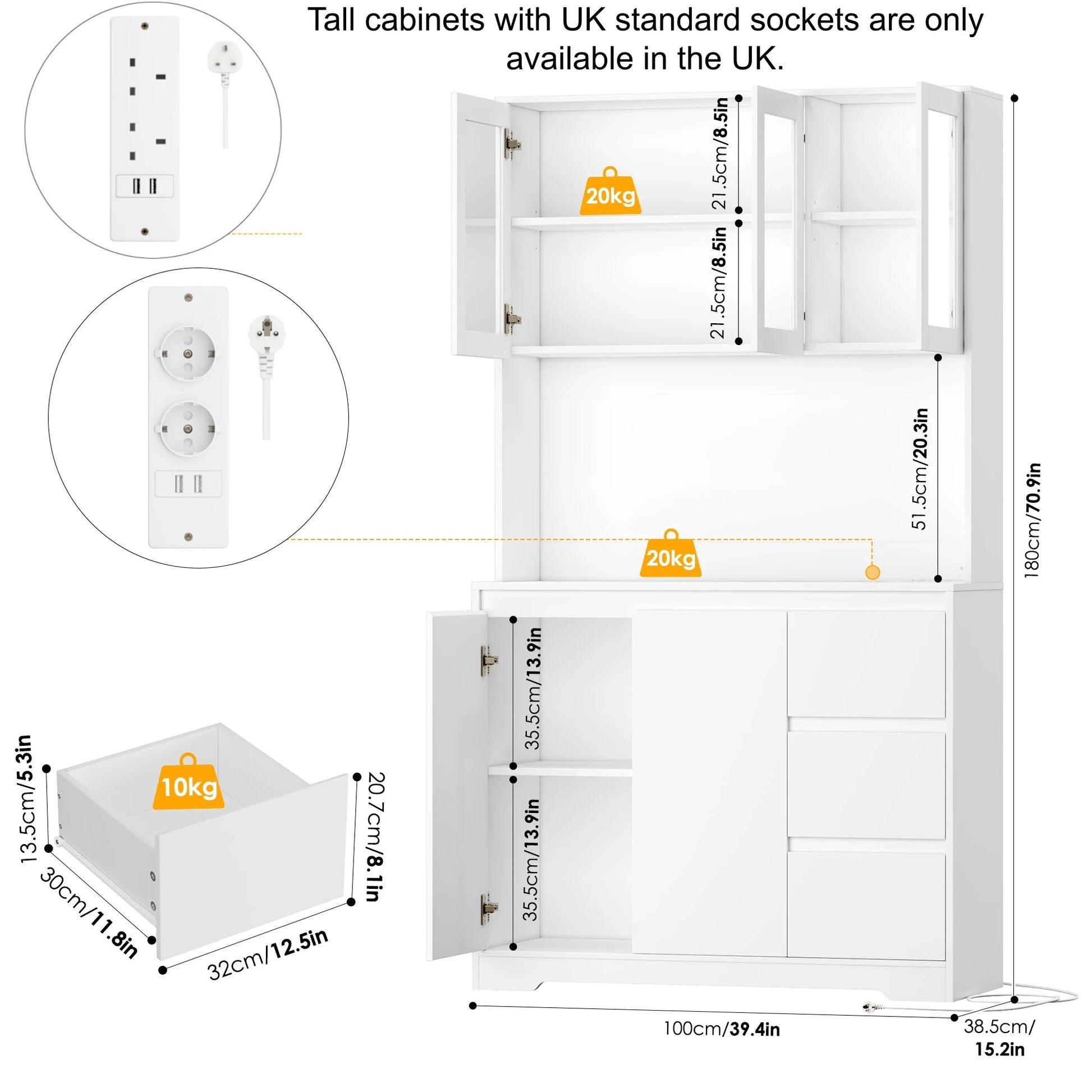 Getone Küchenbuffet mit LED,Küchenschrank Buffetschrank mit Steckdosenleiste mit 3 Schubladen Verstellbares Regal 100x38.5x180cm by Golden Bridge Store