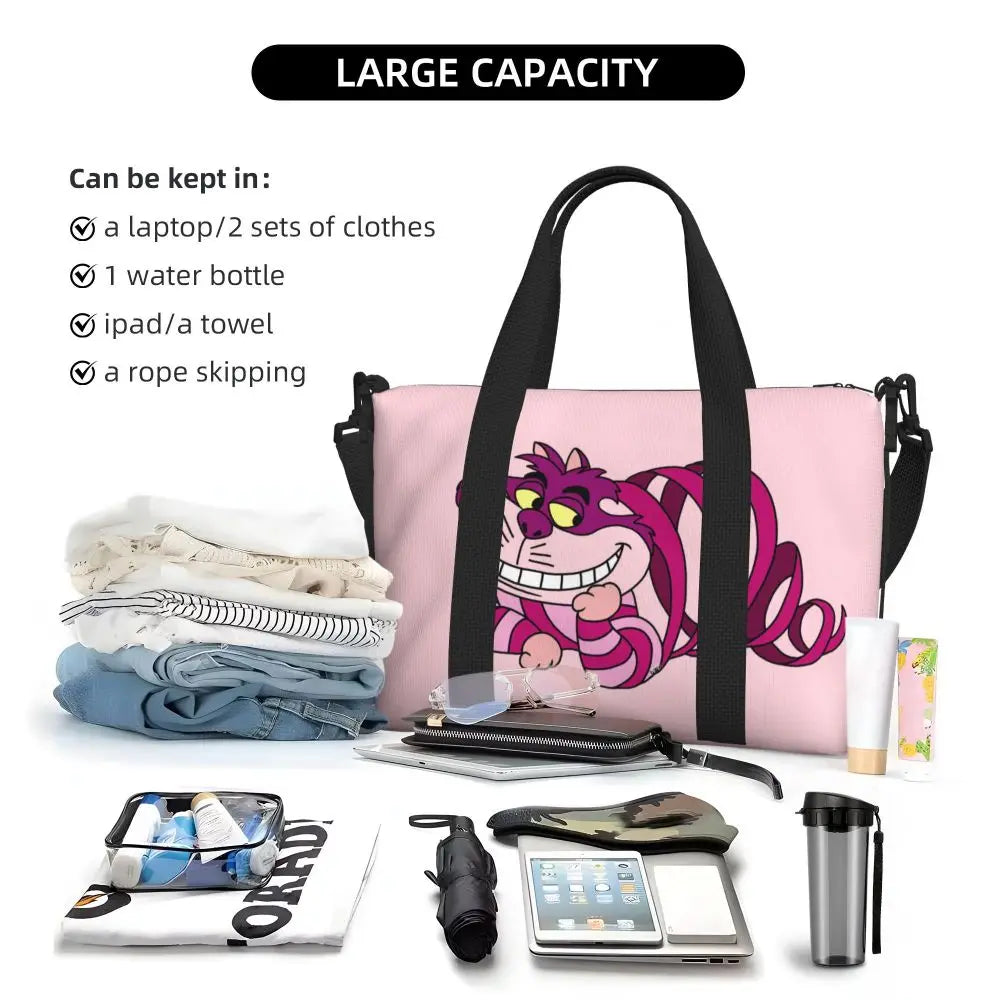 Custom Cheshire Cat Beach Tote Bag for Women We're All Mad Here Cat Big Compartment Gym Beach Travel Bags