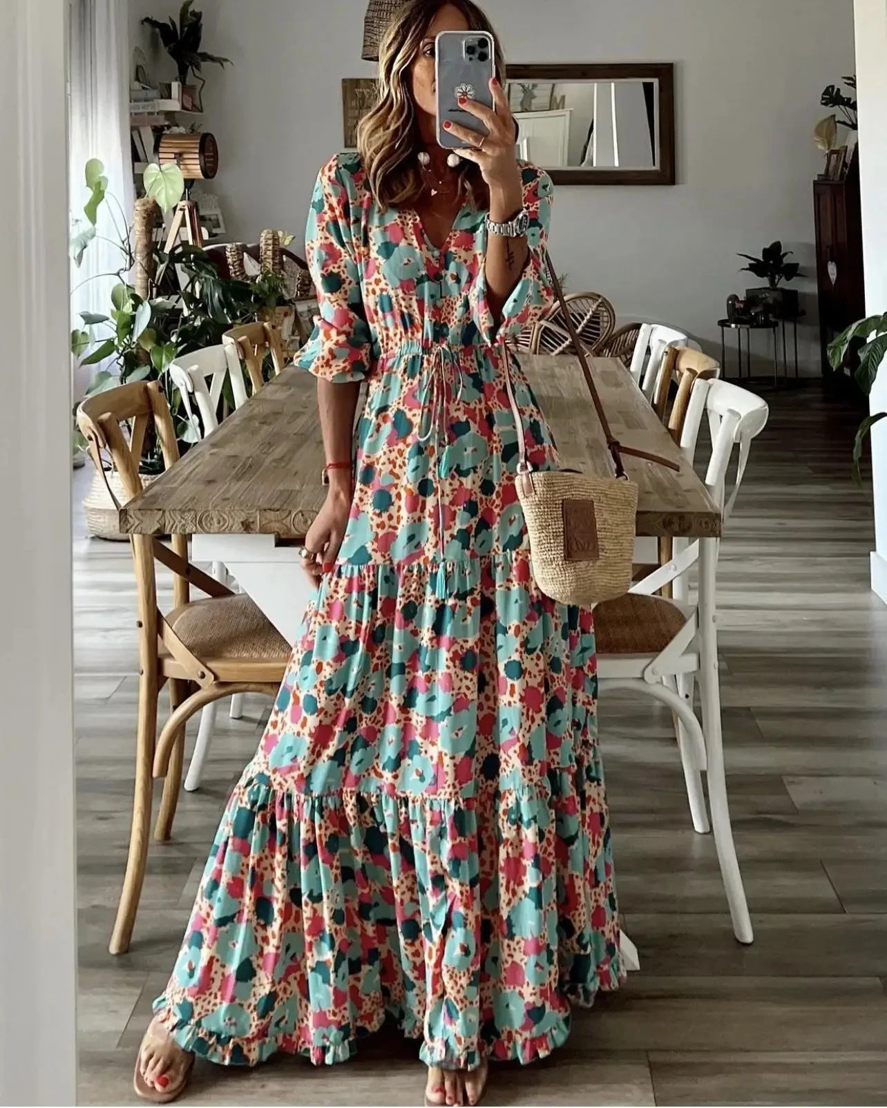 Elegant Women's Flower Long Dresses 2025 Spring New Bohemian Printed Dress Abıye Kadın Abiye Платье Robe Ete Femme Vestidos