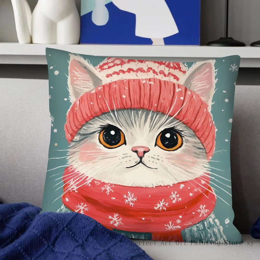 Christmas Cat Pillow Case Fashion Square Pillowcase Bedroom Sofa Room Ins Decoration Leisure Cushion Cover 40x40