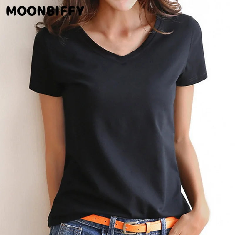 MOONBIFFY Basic Kurzarm T Shirt - Baumwolle L Mittlere