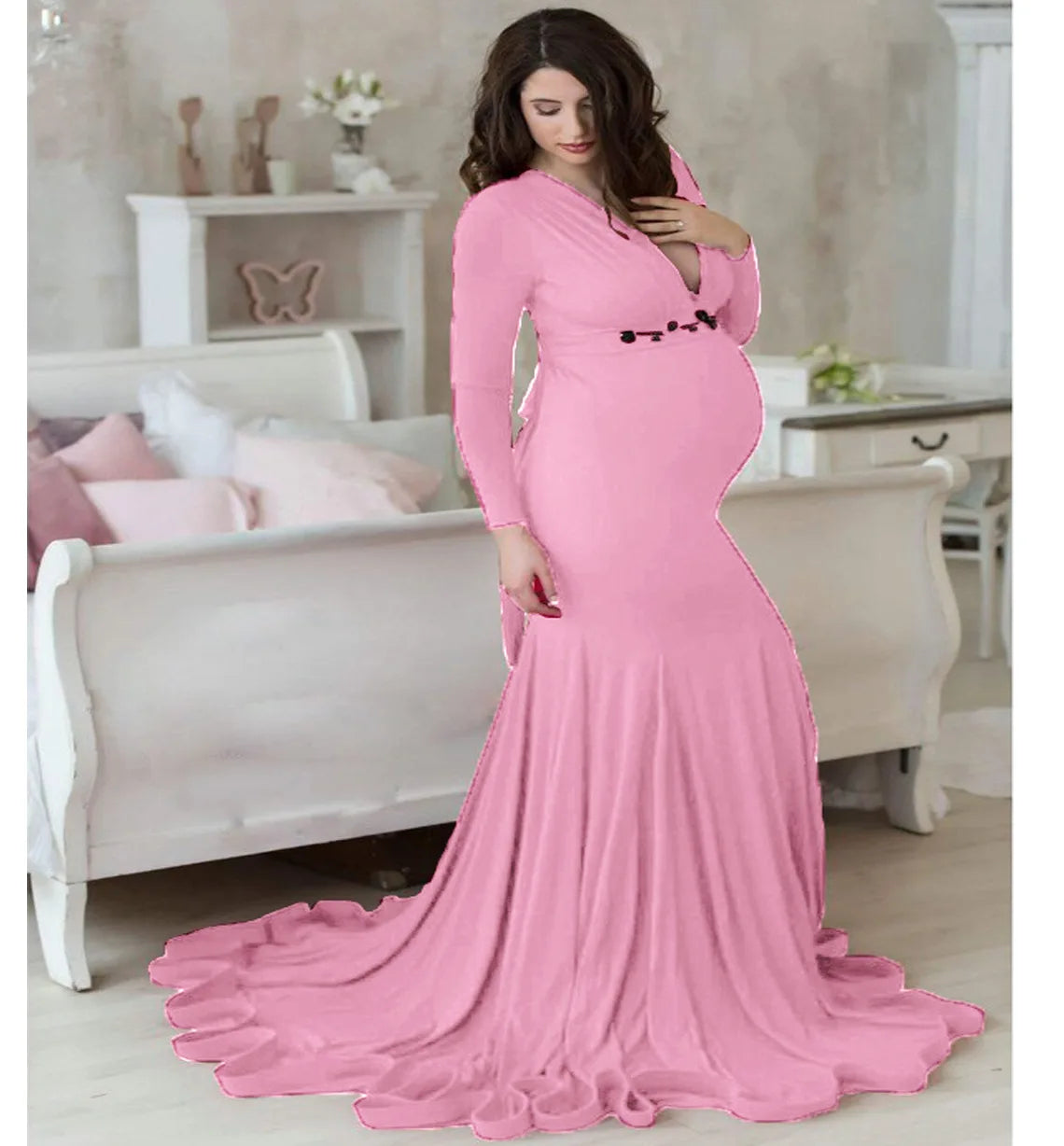 Women's Spring Autumn Maternity Dress Elegant Slim V-Neck Long Sleeve Mermaid Maxi Gowns for Photography Baby Shower Photoshoot