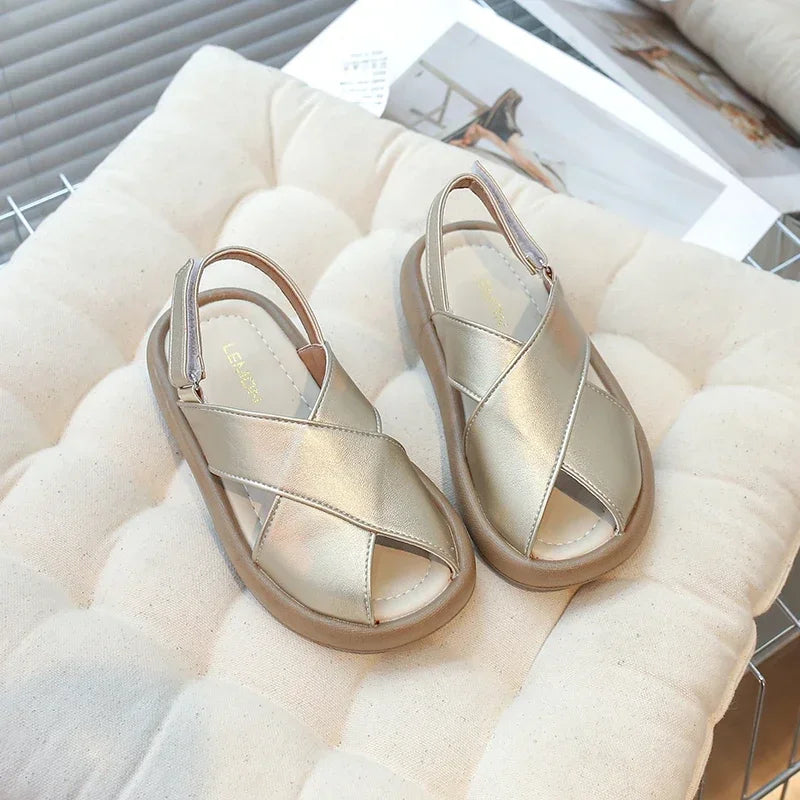Girls Flats Solid Color Trendy Kids Sandals Hook&loop Adjustable 2025 Summer New Boys Fashion Beach Shoes Hollowed-out Chic