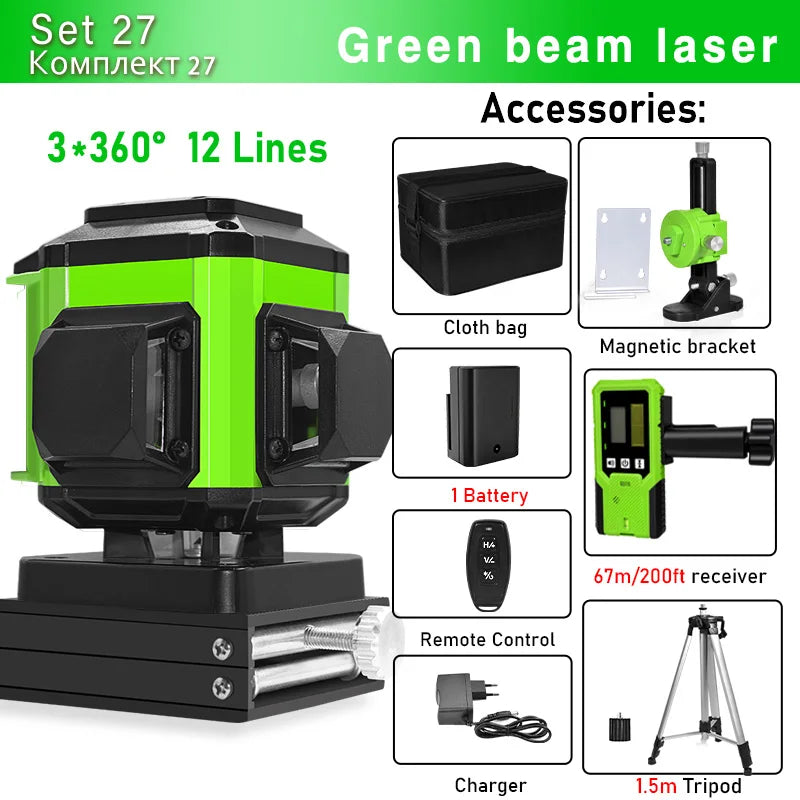 CLUBIONA 16/12 lines Self-leveling Remote Control Outdoor Mode - Receiver Auto 3x360 Green beam Line Laser Level