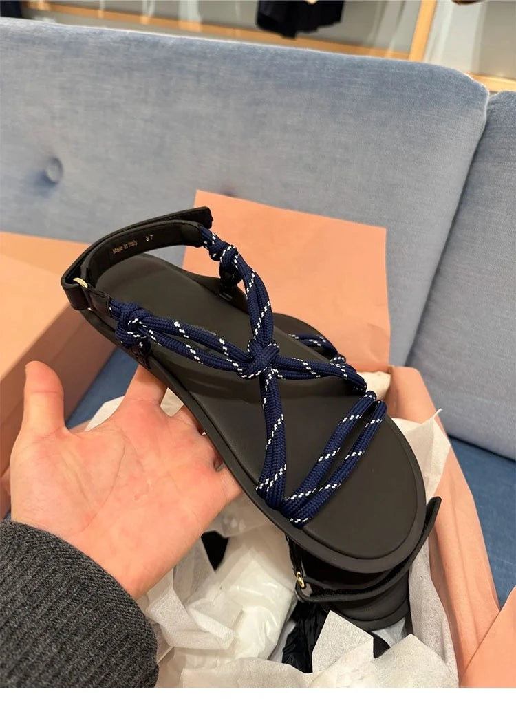 Damen Seil-Knoten Zehentrenner Sandalen - Weiche Sohle Komfort Sommer - Geflochtene Riemen Fashion Sandalen