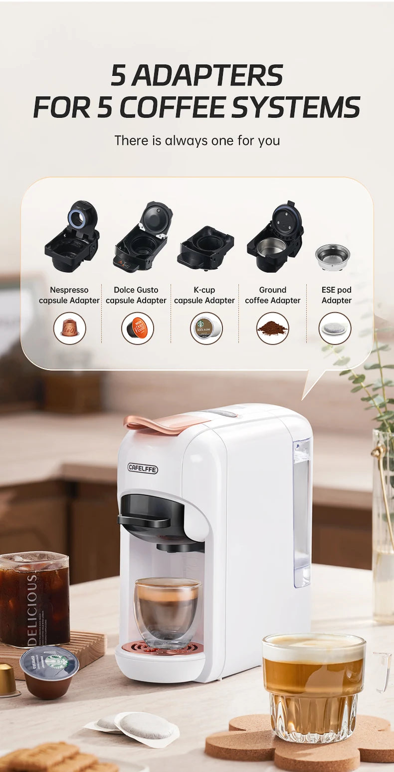 Cafelffe 5 in 1 Multiple Capsule Coffee Machine Hot/Cold DG Cappuccino Nespresso Capsule ESE Pod Ground Coffee Cafeteria 19Bar