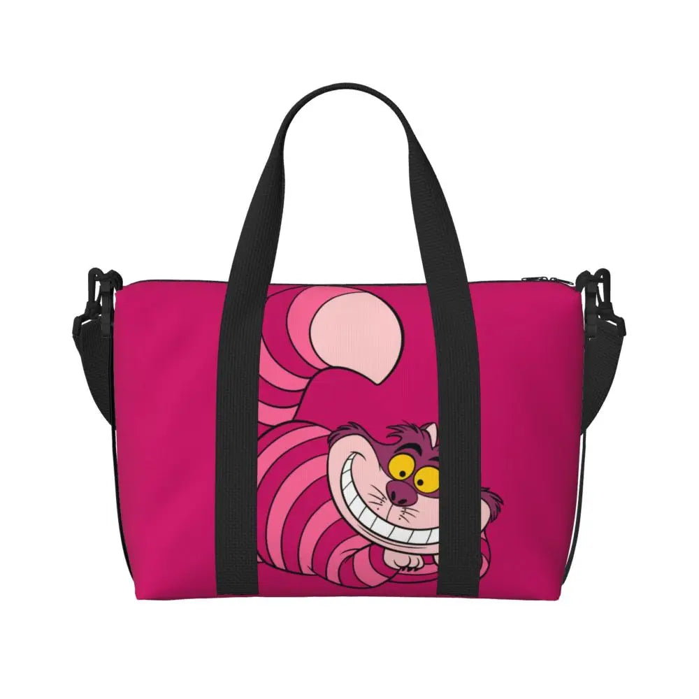 Custom Cheshire Cat Beach Tote Bag for Women We're All Mad Here Cat Big Compartment Gym Beach Travel Bags