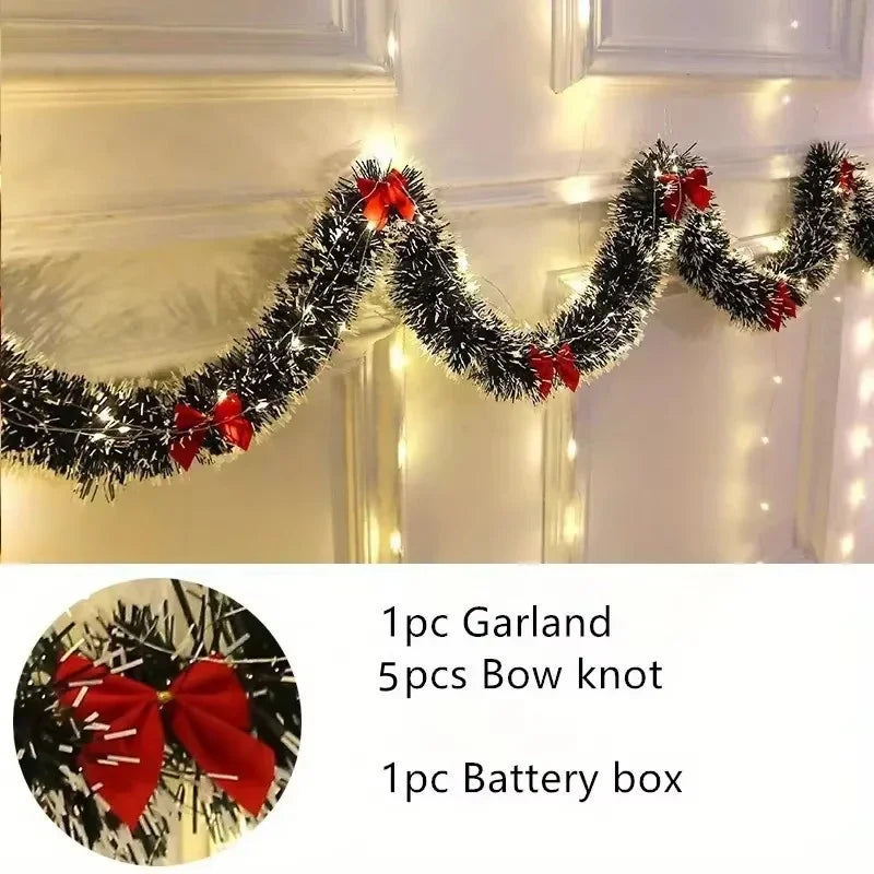 Weihnachts-Lametta-Girlande, künstliche Weihnachtsgirlande mit LED-Leuchten, Weihnachts-Metallic-Twist-Hängegirlande, Kamin, 2 m