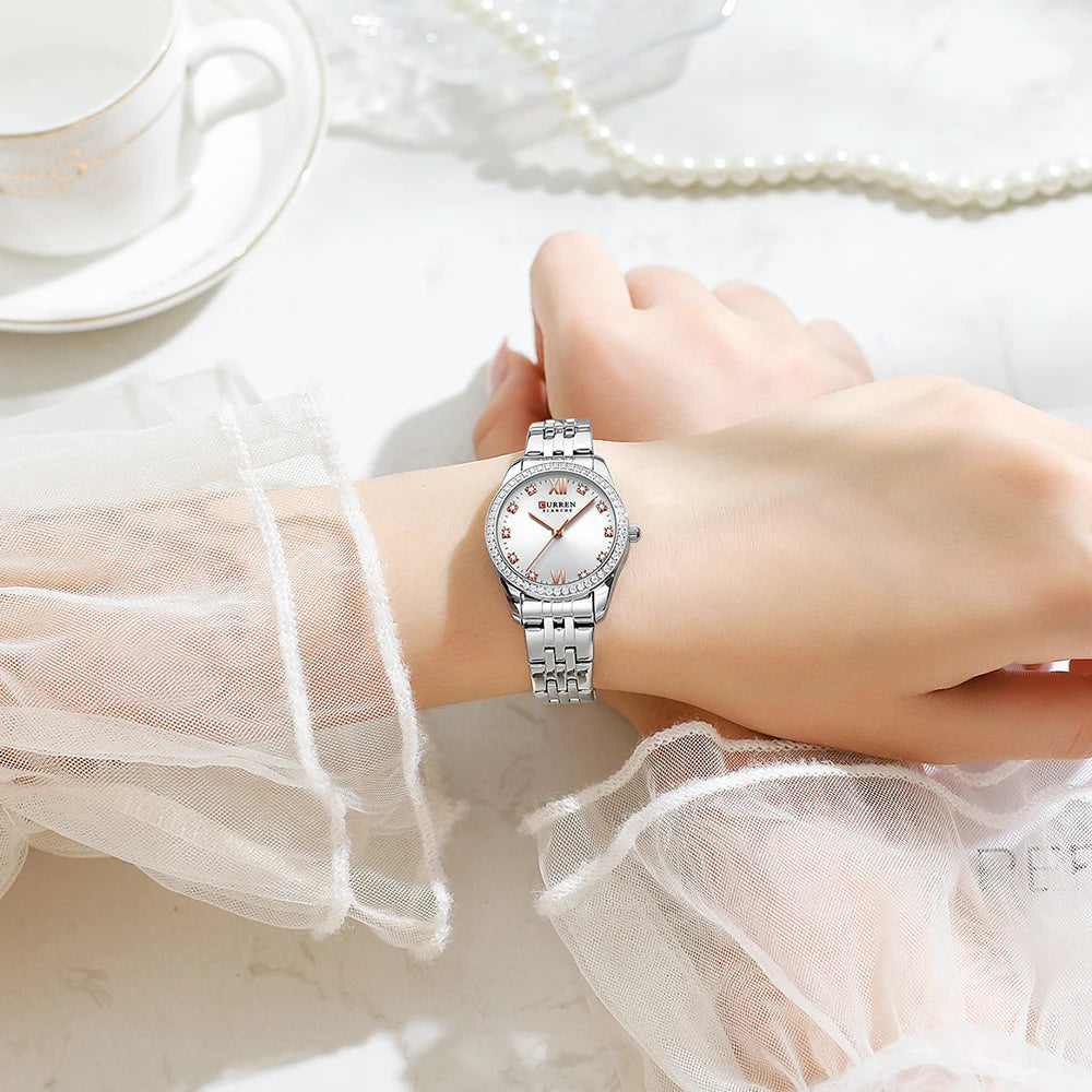 CURREN Luxus Uhr Damen Ring Halskette Ohrringe - Strass Mode Armbanduhr Weiblich Casual Damen Uhren Armband 5-teiliges Set