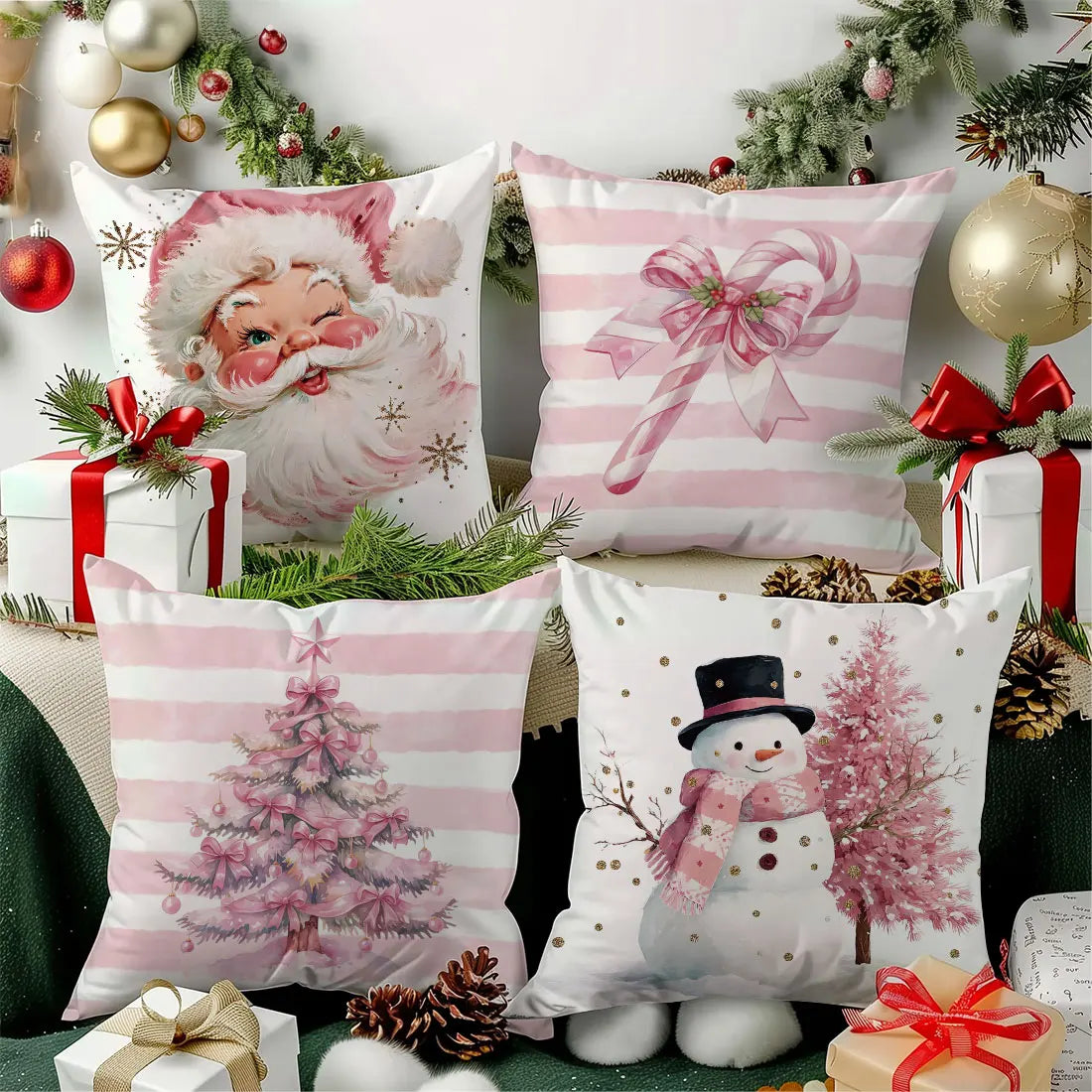 45 * 45cm Pink Christmas Throw Pillow Cover Pink Striped Snowman Christmas Tree Cane Santa Claus for Home  Sofa Cushion Cover