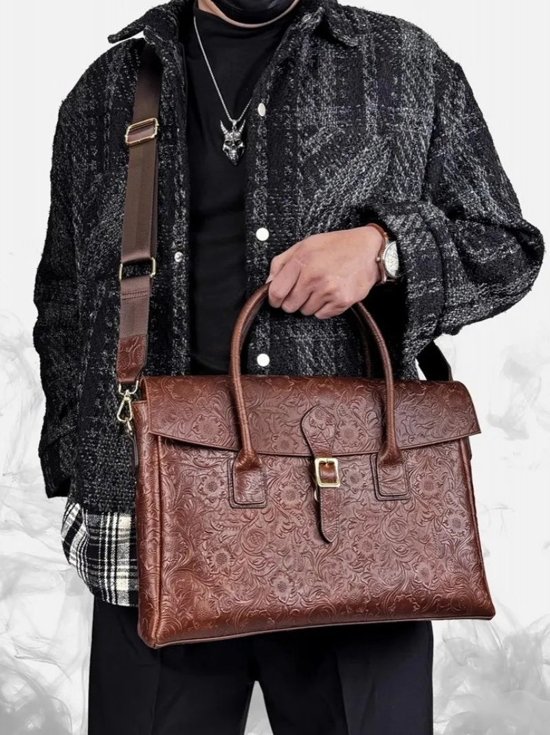 Vintage flower carved leather bag  single shoulder briefcase & business satchel