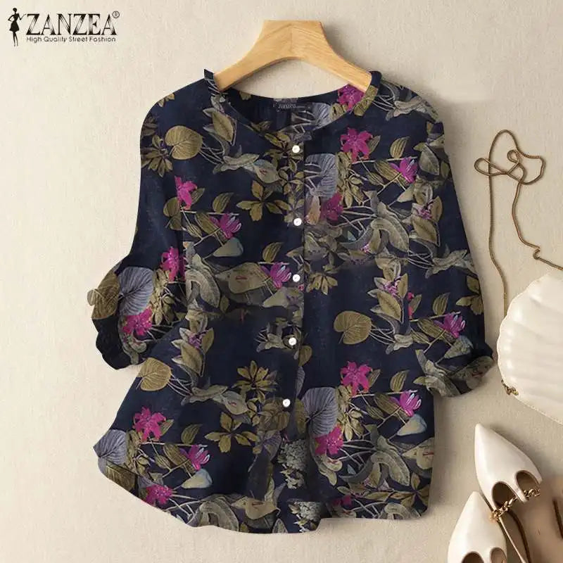 Bohemian Ruffles Tunic Shirt Work Blusas ZANZEA Women Summer O Neck 3/4 Sleeve Tops Casual Mujer Vintage Floral Printed Blouse