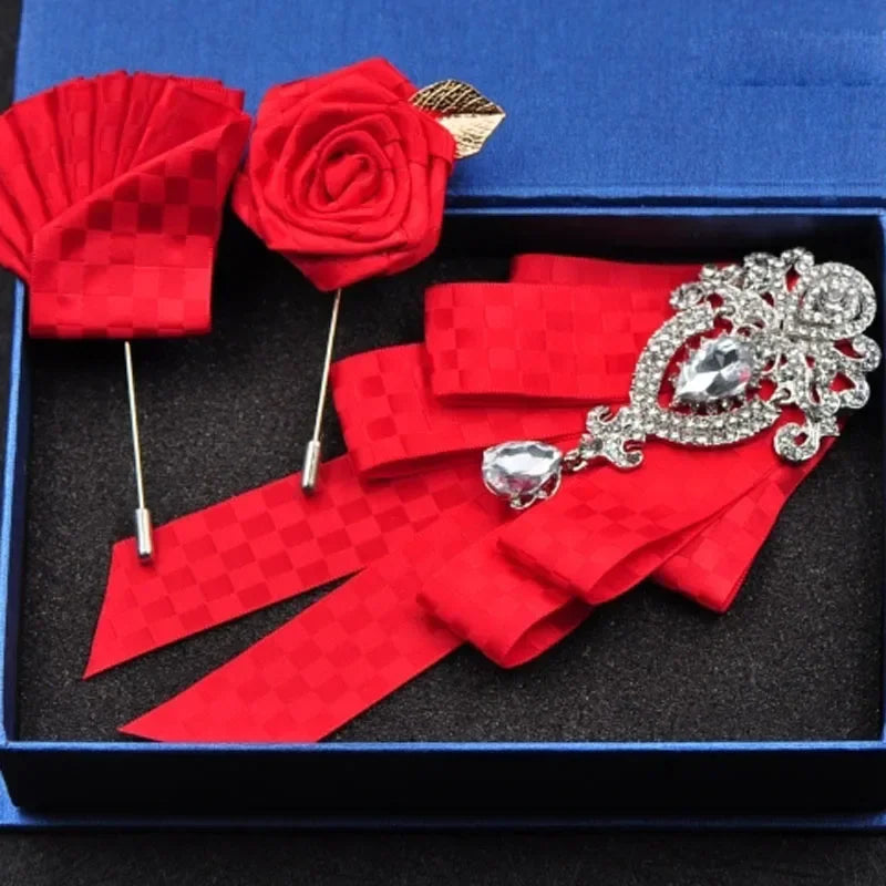 Fashion Handmade Bow Tie Wedding Collar Luxury Rhinestone Bowtie Necktie Brooch Pocket Towel Square Set Gift for Men Accessories