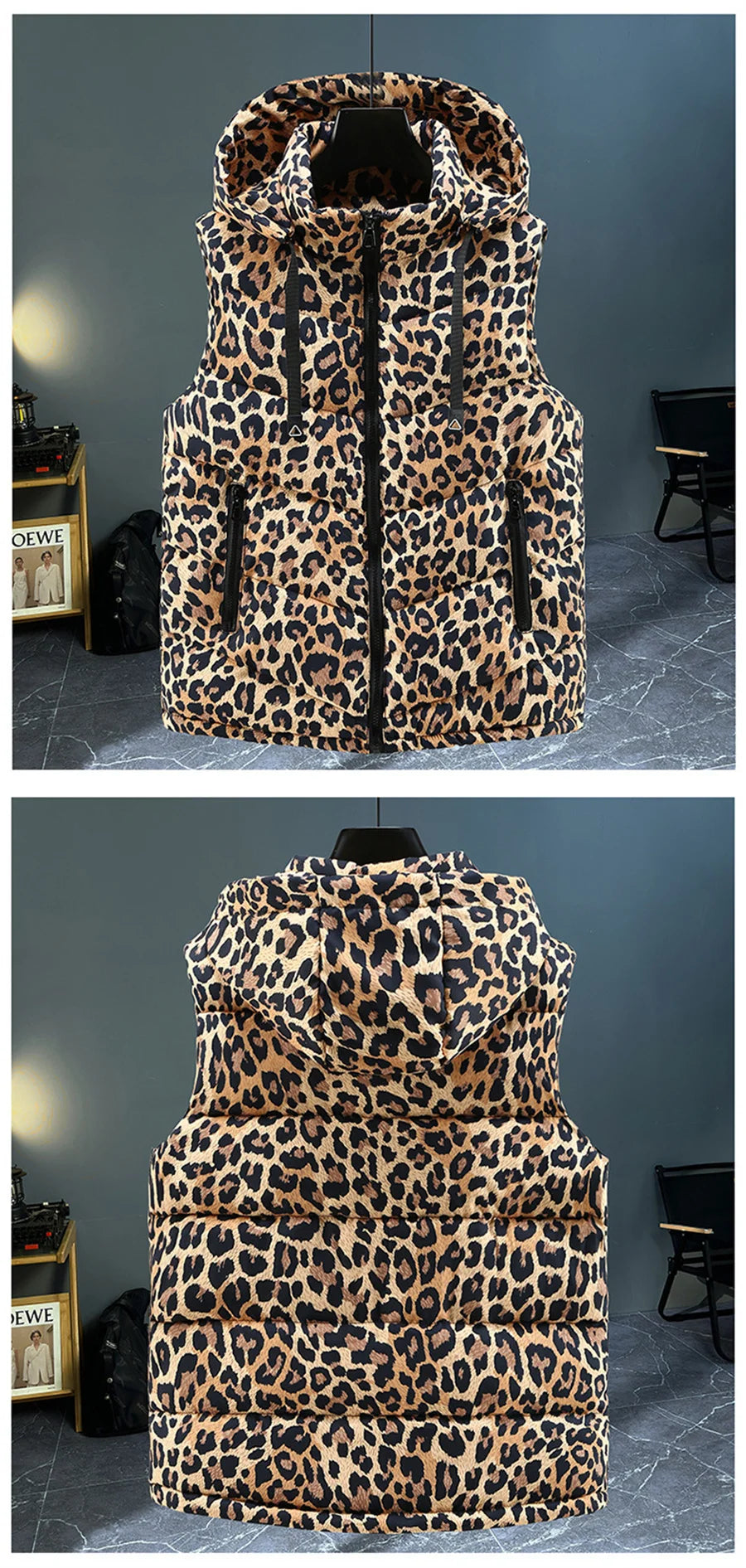 Hebei Leopardendruck Weste - Kapuze Abnehmbar Reißverschluss Baumwollgefüttert Reguläre Passform