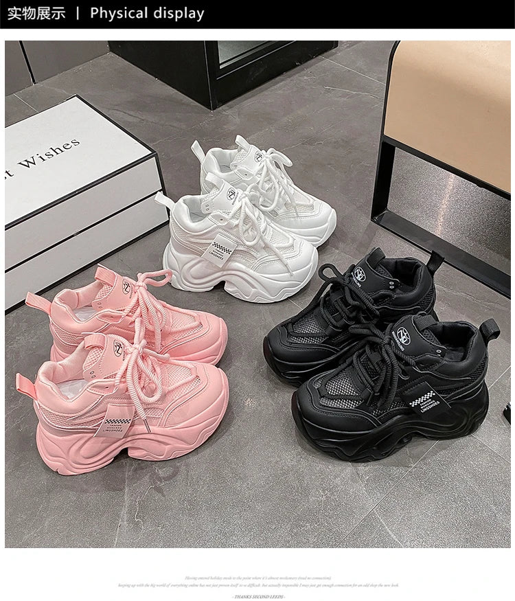 Women High Platform Sneakers New Summer 9.5CM Wedge Heels Thick Sole Leather Shoes Autumn Breathable Mesh Chunky Sneakers Woman