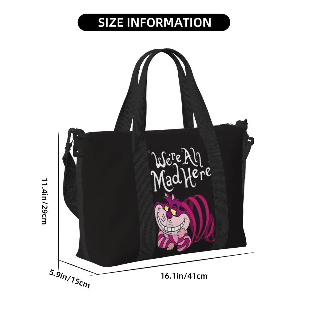 Custom Cheshire Cat Beach Tote Bag for Women We're All Mad Here Cat Big Compartment Gym Beach Travel Bags