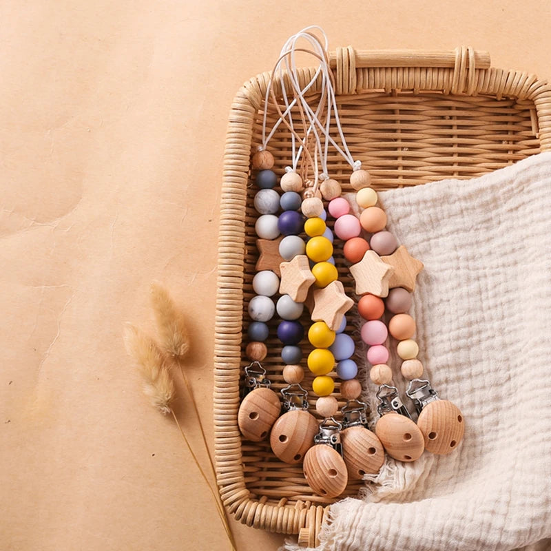 Baby Pacifier Chain Star Customizable Beads Wooden Pacifier Clips BPA Free Handmade Holder Chain Infant Nursing Teether Chain