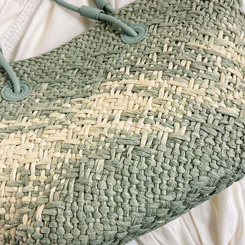 Summer Seaside Beach Bag Hand-woven Large Capacity Straw Tote Bag Gradient Color Design Women 's Travel  Vacation Shoulder Bag