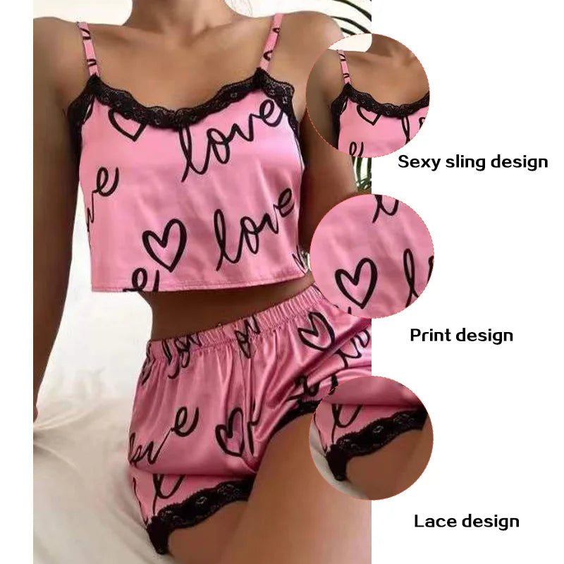 Damen Pyjama Set 2025 - 2-teiliges Schlafanzug Set mit Print & Shorts