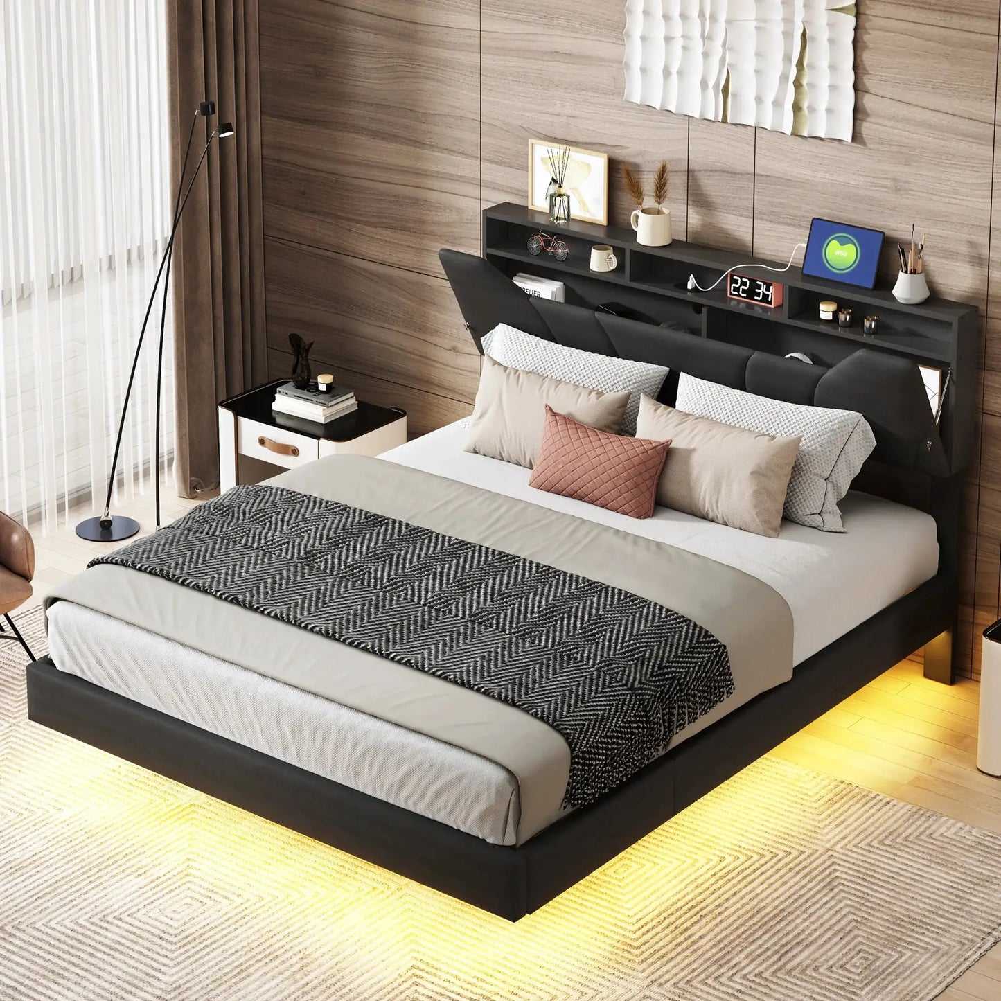 Schwebendes Bett Mit LED Beleuchtung Und Stauraum Lattenrost