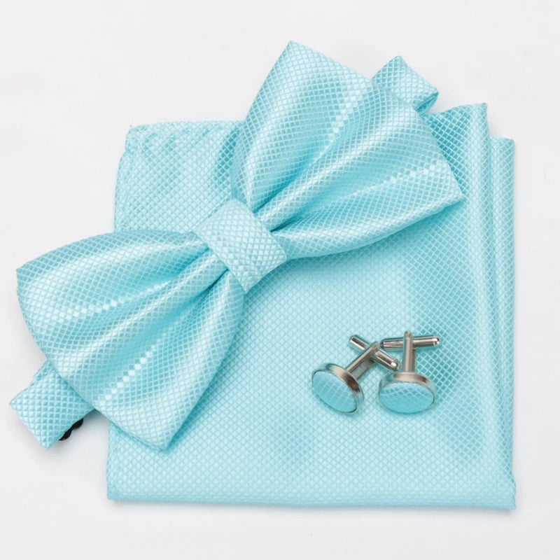 Men Bowtie Set 3pcs Plaids Classic Fashion Wedding Party Formal Cufflinks Bow Tie Handkerchief Cuff Links Lots Three Piece Set