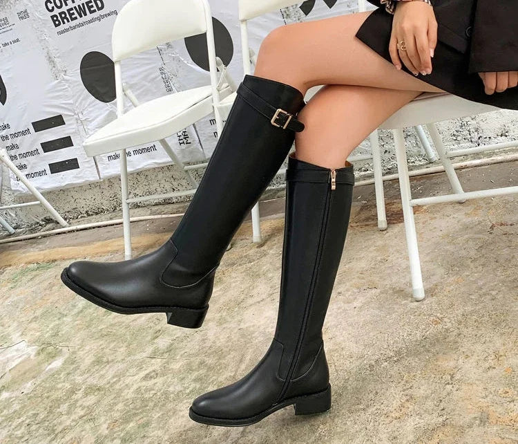 Cizme până la genunchi ICCLEK Elegant Negru - Înălțimea tocului 3-5 cm, Înălțimea tijei până la genunchi, Material PU