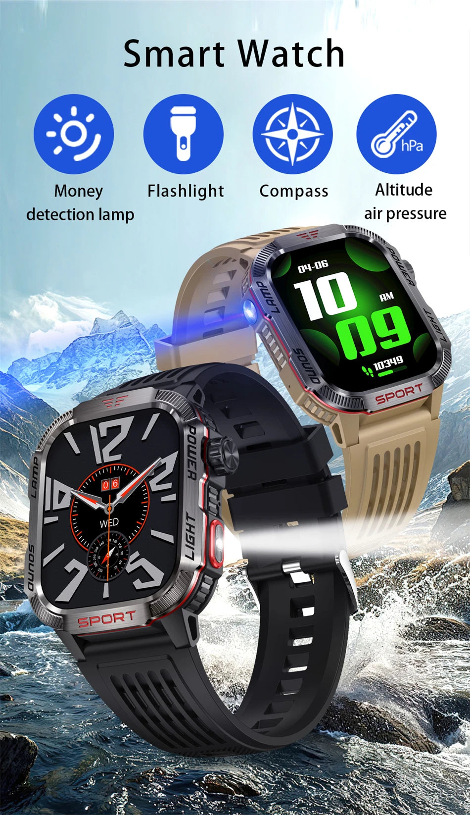 Smartwatch 2025: Outdoor-Military GPS-Sports - Flashlight Compass Collection