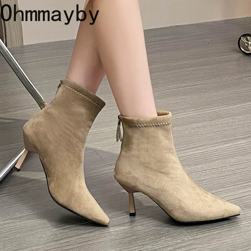 Ghete vintage Ohmmayby, toc subțire - înălțimea tocului 5-8 cm, până la gleznă, căptușeală din fleece