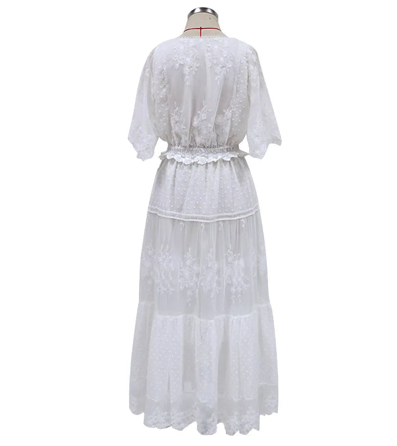 Boho style girl dress white cotton lace sleeveless long summer