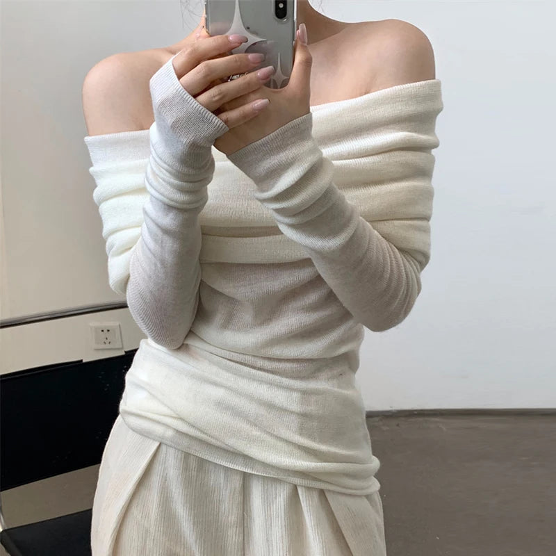 Elegant Fashion Off Shoulder Women Blouse New Pile Collar Knitted Shirt Ladies Office Casual Undershirt Gray Tops Mujer Blusas