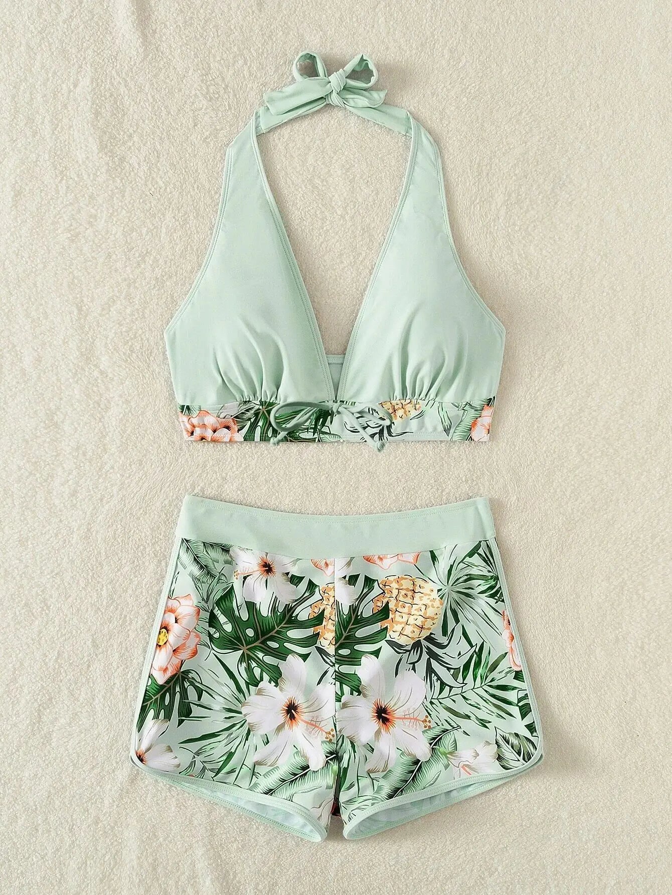 Halter Bikini Set Kurzer Schwimmanzug Frauen High Waist Bedruckte Bademode