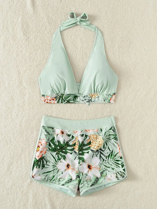 Halter Bikini Set High Waist Design Wire-Free Support Spandex Polyester Kurzer Schwimmanzug