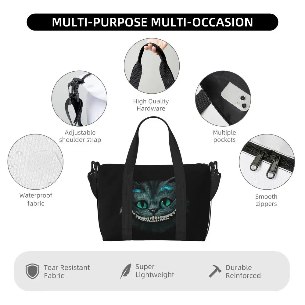 Custom Cheshire Cat Beach Tote Bag for Women We're All Mad Here Cat Big Compartment Gym Beach Travel Bags