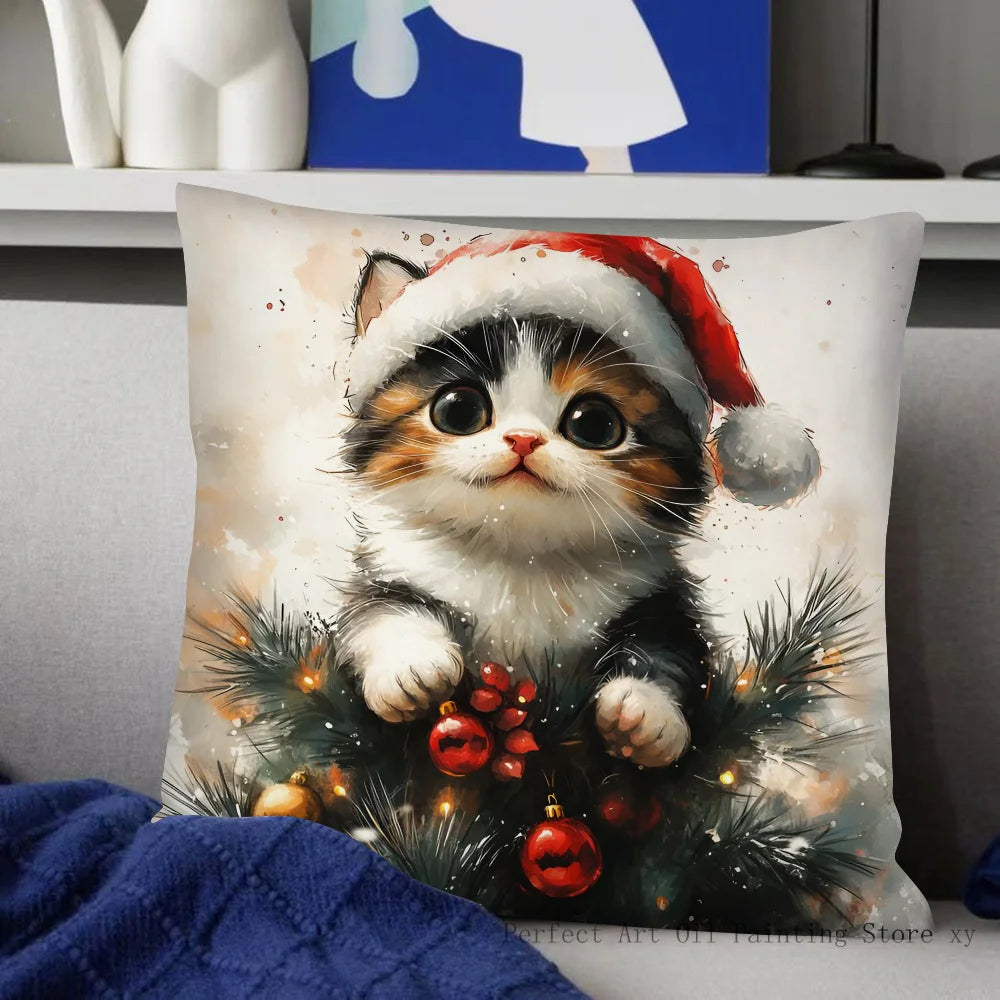 Christmas Cat Pillow Case Fashion Square Pillowcase Bedroom Sofa Room Ins Decoration Leisure Cushion Cover 40x40