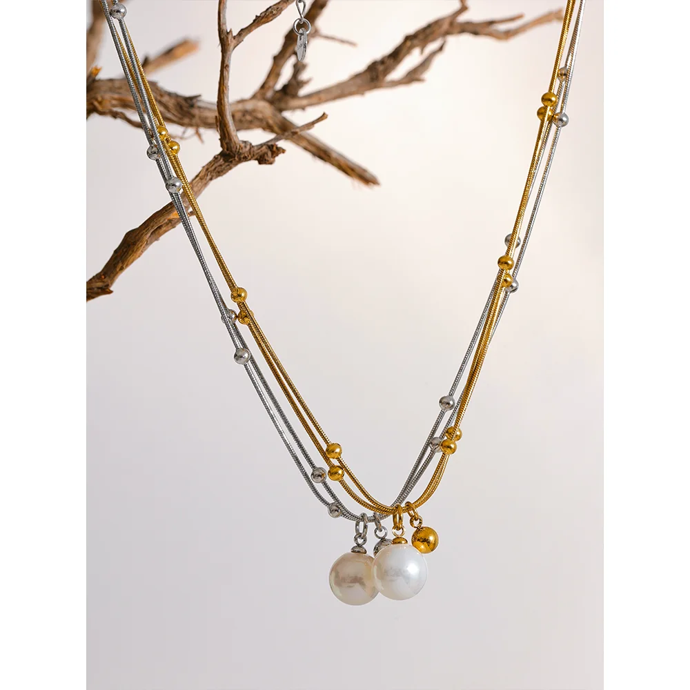 Yhpup Elegant imitație de perle din oțel inoxidabil rotund mărgele lanț colier pandantiv pentru femei culoare auriu-argint bijuterii coreene