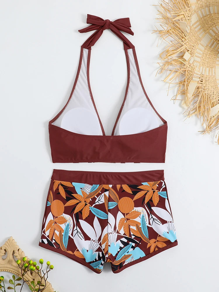 Halter Bikini Set: High Waist Design Wire-Free Support Spandex Polyester - Kurzer Schwimmanzug Frauen Bedruckte Bademode Polsterung Strandmode