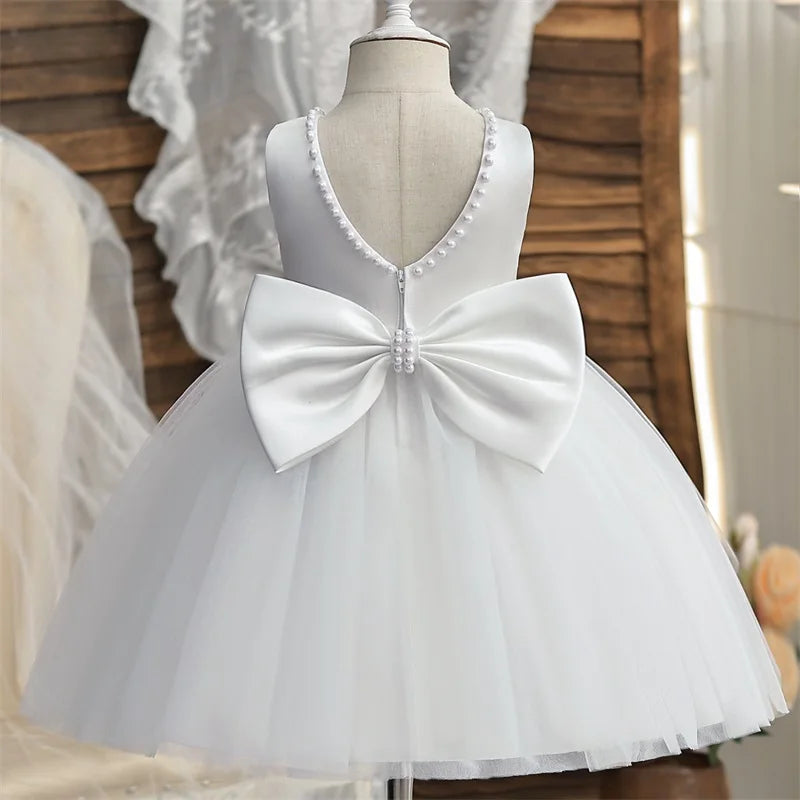 Baby Mädchen Kleid Große Schleife Perlen Rückenfrei 1. Geburtstag Party Kleid Säugling Mädchen Prinzessin Hochzeit Tüll Kleid Taufe Kleid 1-5J
