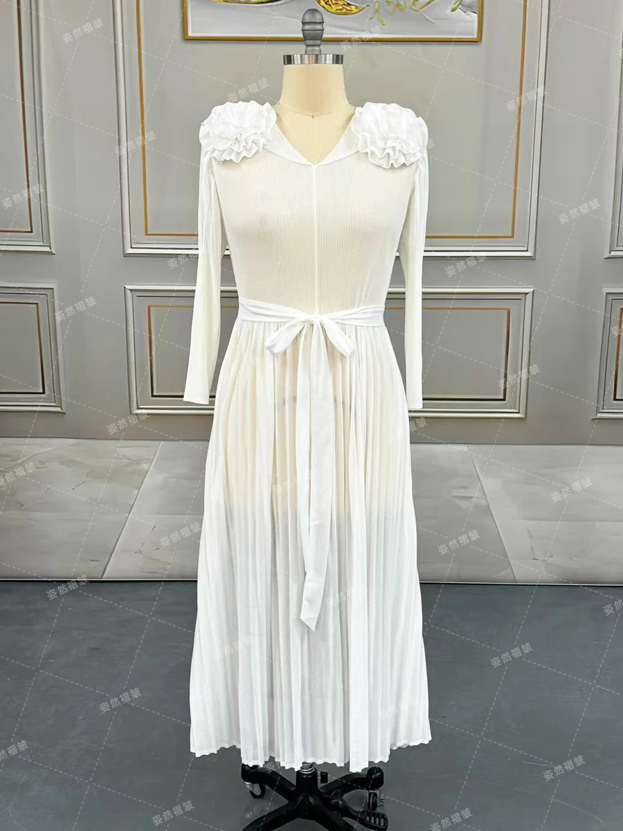 Elegant And Beautiful Dresses For Women Luxury Formal Evening Prom Gown Miyake Fashion Female Long Sleeve Dress Pleated Clothing