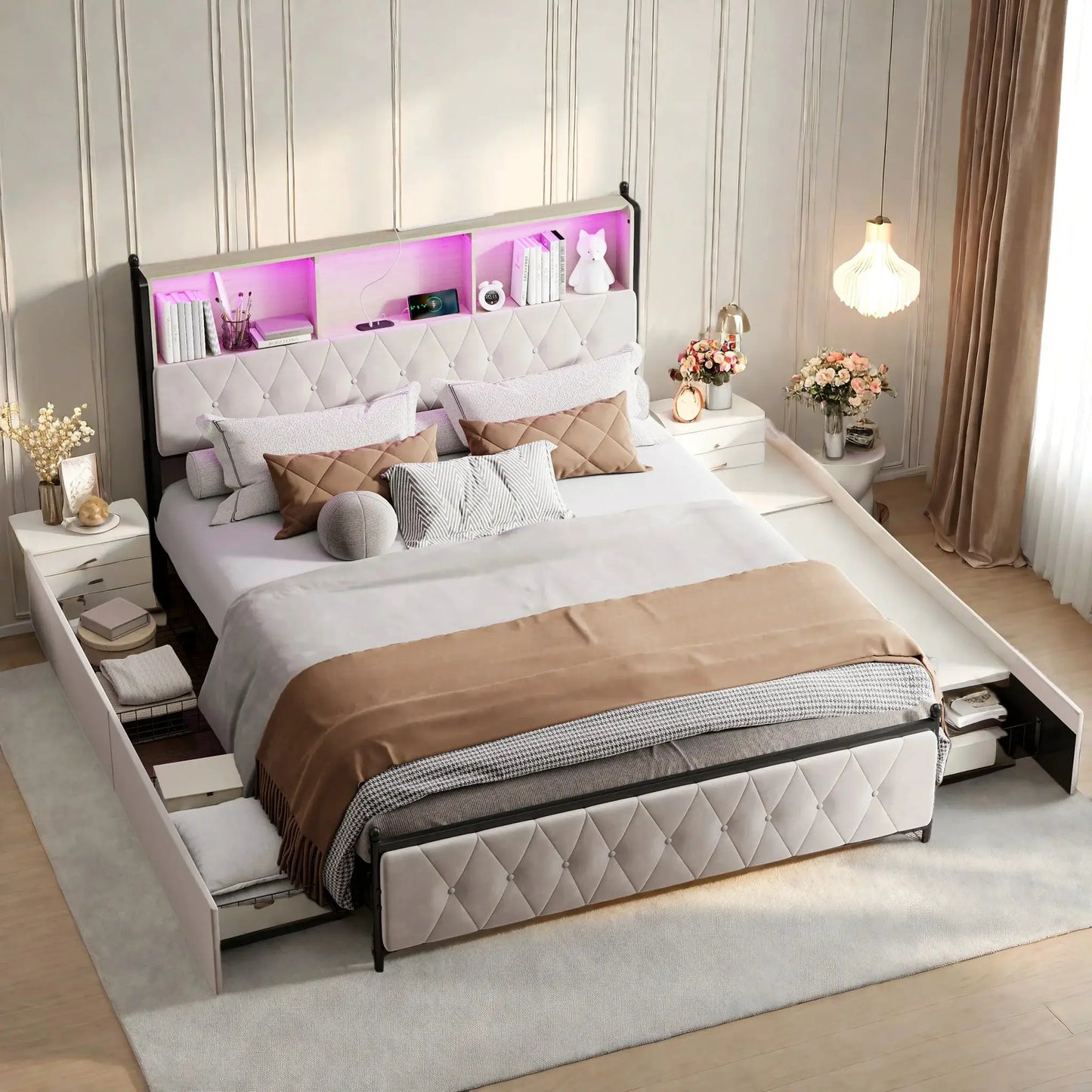 Polsterbett 180x200 cm Mit Stauraum Und LED USB Beleuchtung