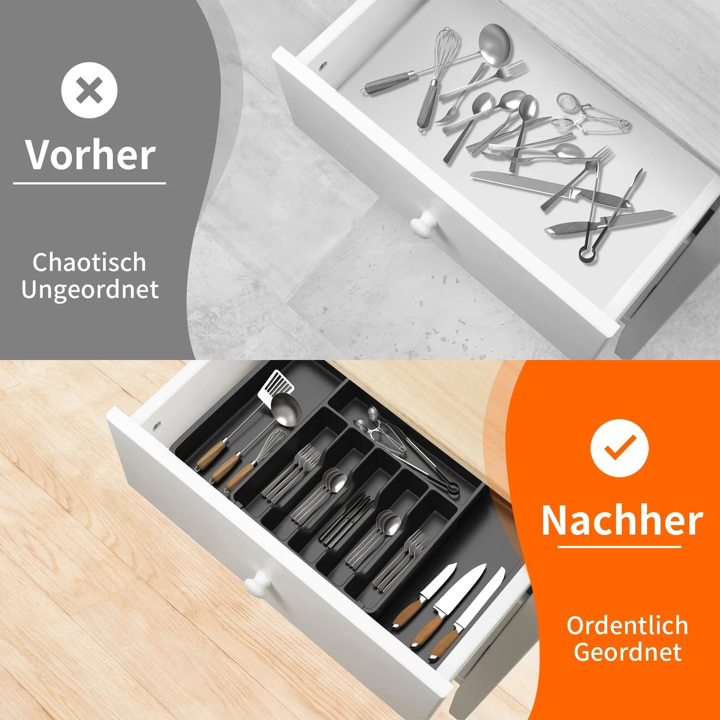 Verbessertes erweiterbares Besteck-Schubladentablett | Küchenutensilien-Organizer mit 6–8 Fächern | Besteck-Aufbewahrungsbox für Messer, Gabel, Löffel
